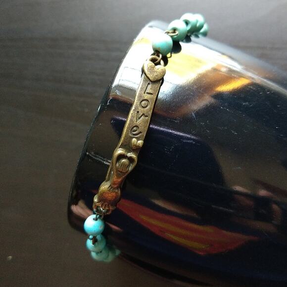 Turquoise LOVE Bracelet 6.5" - 7.5" semi-precious stones brass new old stock - Picture 7 of 13